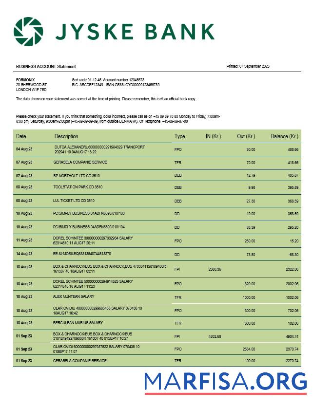 Realistic Jyske Bank business statement Word and PDF template